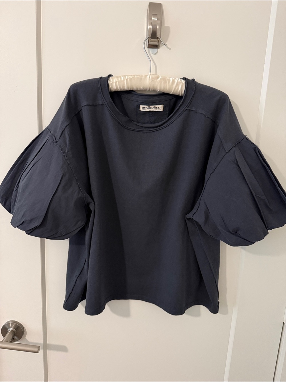 We The Free Gray Puff Sleeve Cotton Blouse